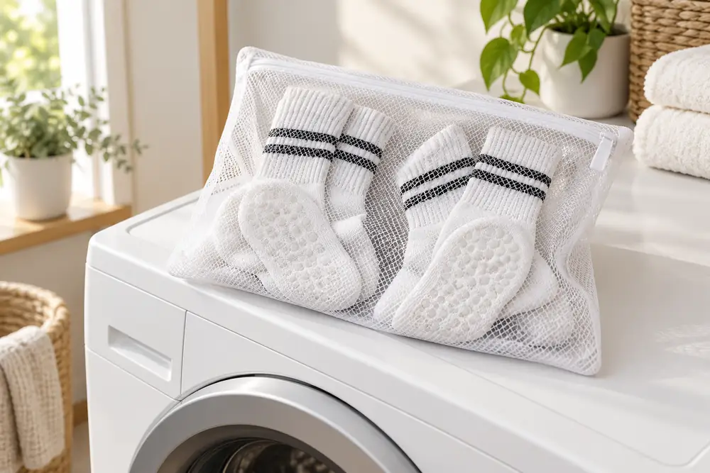 Twee paar witte sokken met zwarte strepen in een wit waszakje op een wasmachine, de noppenzolen naar buiten gedraaid, lichte wasruimte met planten en opgevouwen handdoeken