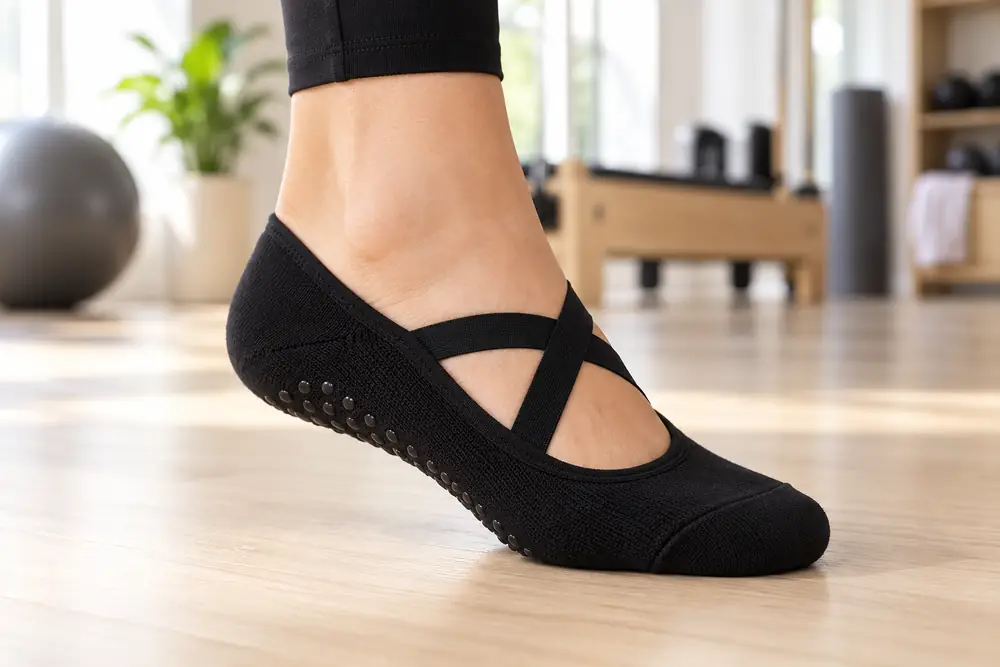 Zwarte Ballet sok aan één voet, gekruiste bandjes over de wreef, tenen en hiel bedekt, zwarte noppen langs de rand van de zool, hiel opgetild op een lichte houten studiovloer