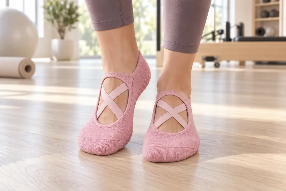 Roze Ballet sokken aan beide voeten op een lichte houten vloer, lichtroze gekruiste bandjes over de wreef, tenen bedekt, studio met gymbal en reformer onscherp op de achtergrond