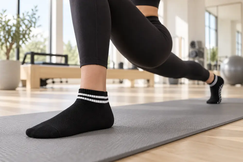 Vrouw in zwarte legging in een uitval op een grijze mat, zwarte antislip sokken voor pilates met witte strepen, de achterste voet opgetild met zwarte noppen onder de zool, lichte studio met spiegel en reformer