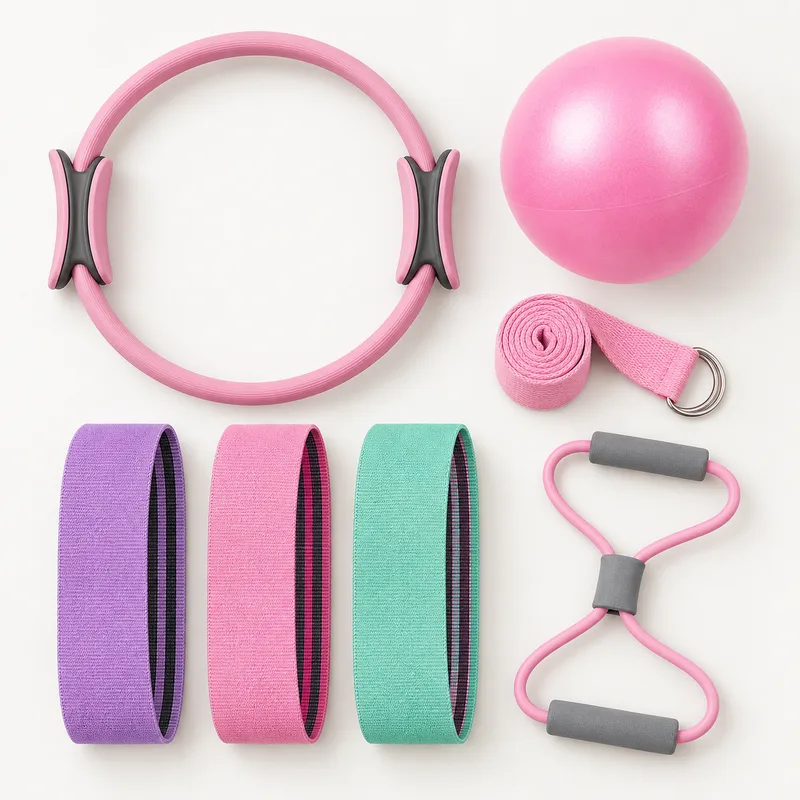 Stapfijn pilates set plat uitgelegd: ring in Roze, bal, stretchband, drie heupbanden en een achtvormige expander